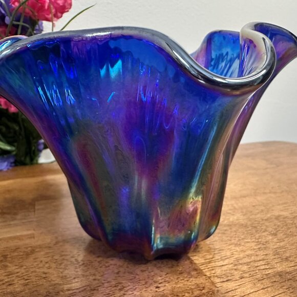 Vintage Cobalt Blue Glass Bowl Ruffled‎ Edge Art Deco Centerpiece - Picture 6 of 6